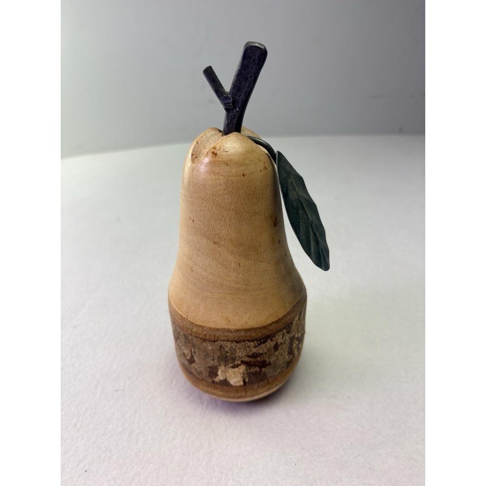 Pier One Wooden Pear Turned Wood Metal leaf, 8 x 4" Fruit Sculpture